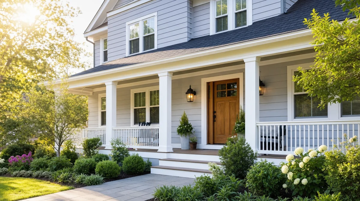 House exterior with light siding and contrasting trim