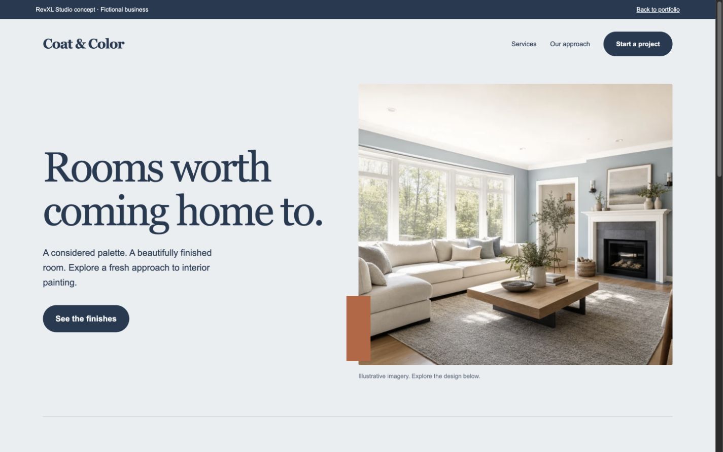 Coat and Color website concept with a blue-gray living room and elegant typography